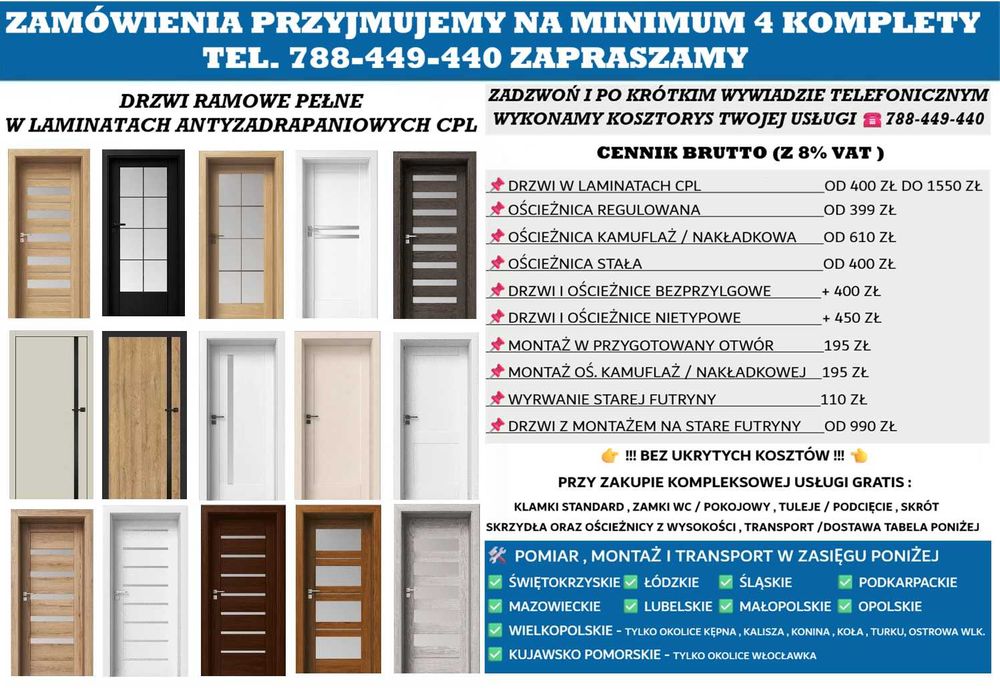 Drzwi Wewnętrzne z Ościeżnicą + MONTAŻ- Skompletuj Zestaw dla Siebie !