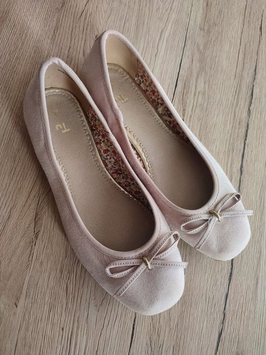 Baleriny na lato  z kokardkami pastelowe wiosenne buty pudrowy róż