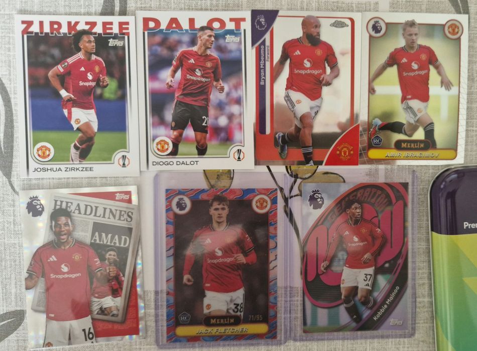 Lote 7 Cartas Manchester United – Jack Fletcher /95 Numerada, Mainoo, Amad Diallo, Ibragimov RC