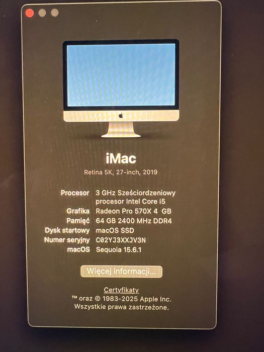最終値下げ iMac 2019 Retina 5K 27インチ 8GB 1TB iMac (Retina 5K, 27-calowy, 2019 r.) - Dane techniczne