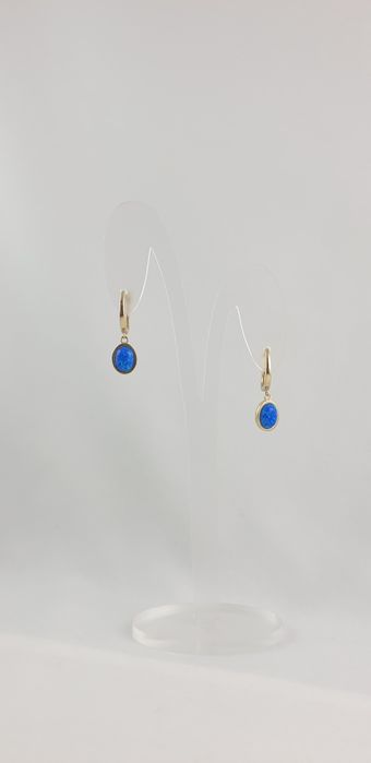 Złote wiszące kolczyki z  niebieskim opalem 585 nowe Zapięcie angielsk