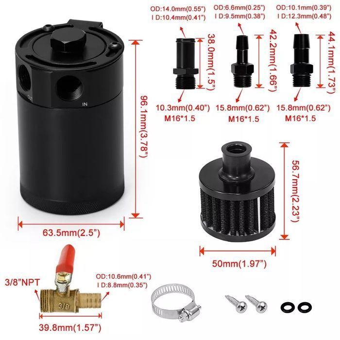 Oil Catch Can Universal + Filtro breather - Preto (mdl3)