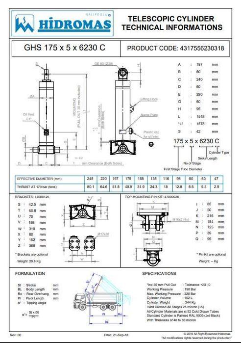 Siłownik wywrotu teleskopowy FE 175/5/6230mm