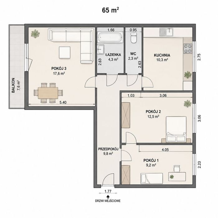 65 m² | 3 pokoje | bez prowizji |balkon z otwartym widokiem | cisza