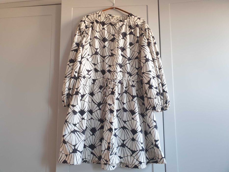 Lniana sukienka tunika H&M balonowe rękawy 42 44