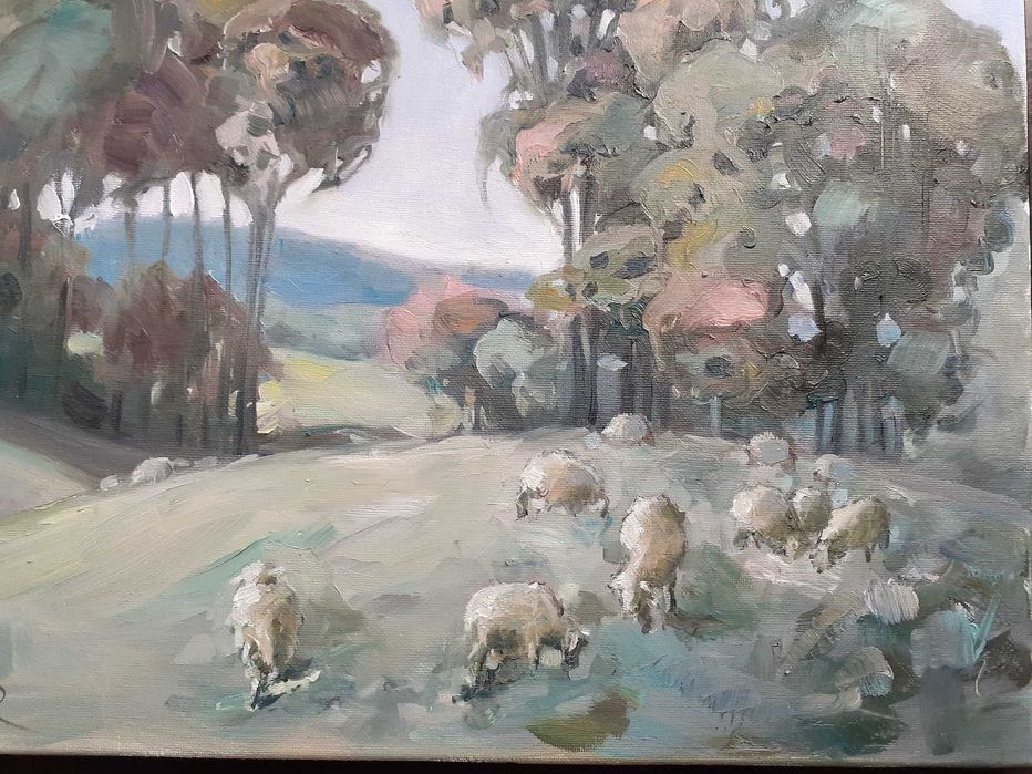 Pejzaż z owcami. Obraz olejny na płótnie. 40 x 40 cm
