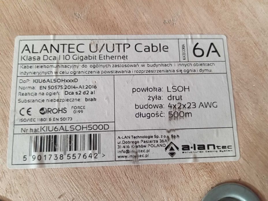 Kabel ALANTEC U/UTP kat.6 LSOH 4x2x23AWG Dca 500m KIU6ALSOH500D