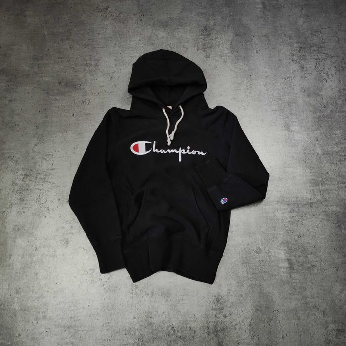 MĘSKA Bluza z Kapturem Hoodie Czarna Champion Haft Logo Reverse Weave