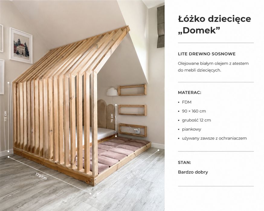 Łóżko dziecięce domek 90×160 z materacem FDM i panelami – lite drewno