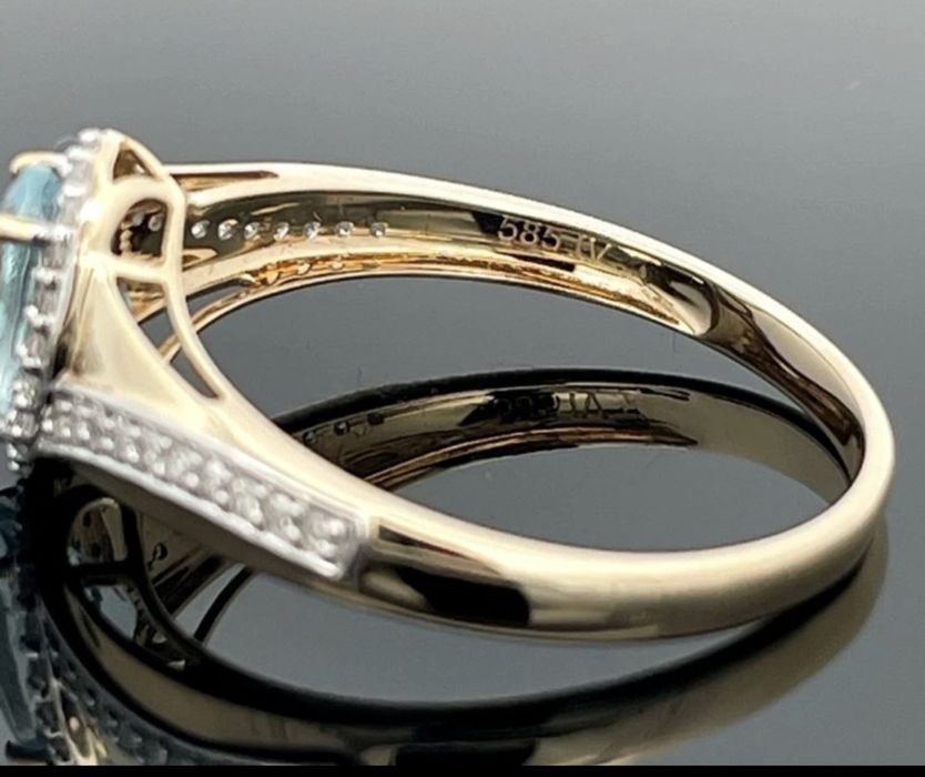 NOWY piękny złoty pierścionek z Akwamarynem i diamentami