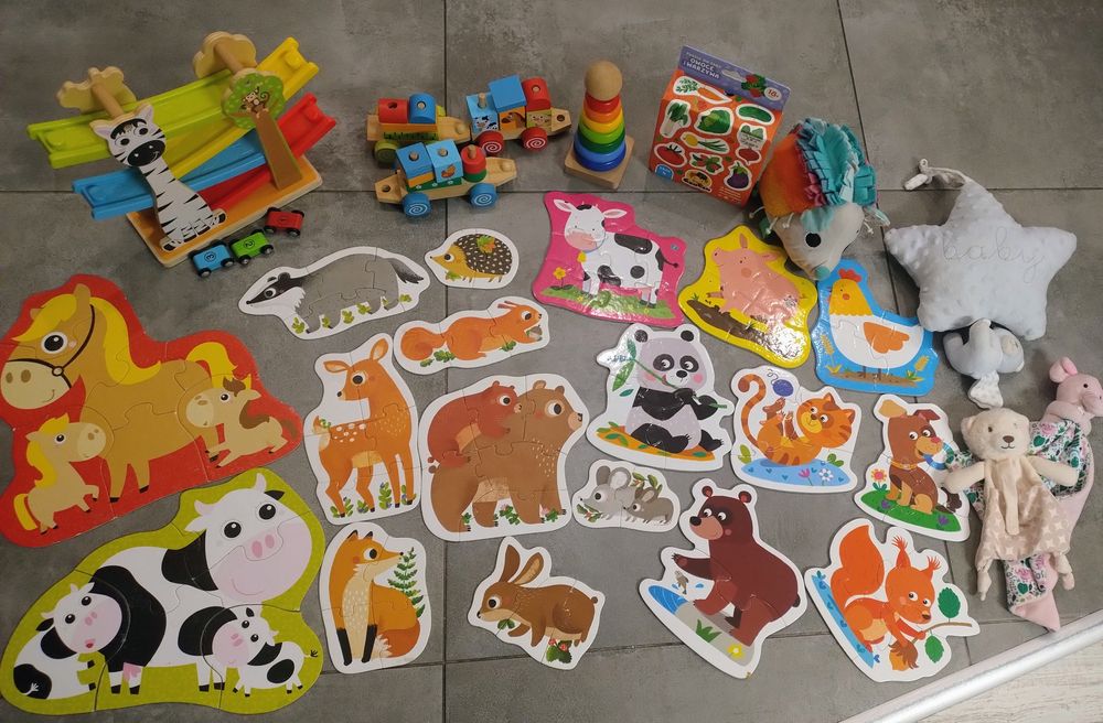 Zestaw zabawek dla 1-2latka puzzle czu czu, pociąg, autka