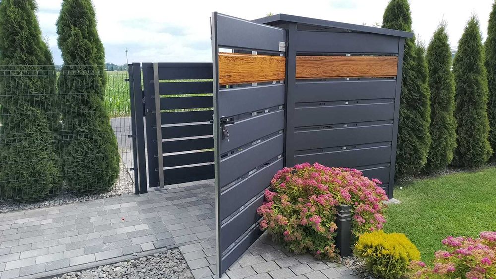 Wiata śmietnikowa panele zabudowa śmietników 1,6x1,6m złoty dąb grafit