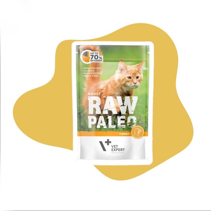 Raw Paleo Cat Adult Turkey Indyk 6x100g  kompletną i zbilansowaną bezzbożowa pełnoporcjową karma dla dorosłych kotów