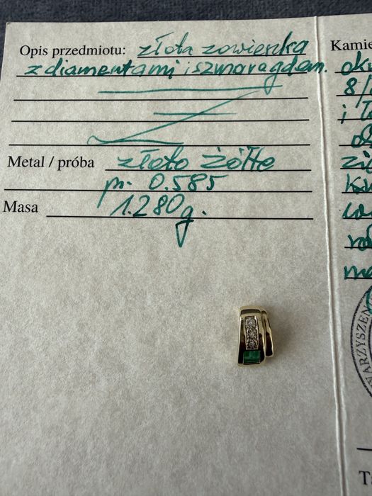 Wisiorek szmaragd i brylanty 585 certyfikat