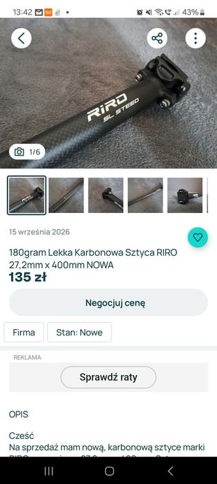 Karbonowa sztyca riro 180gram 27,2
