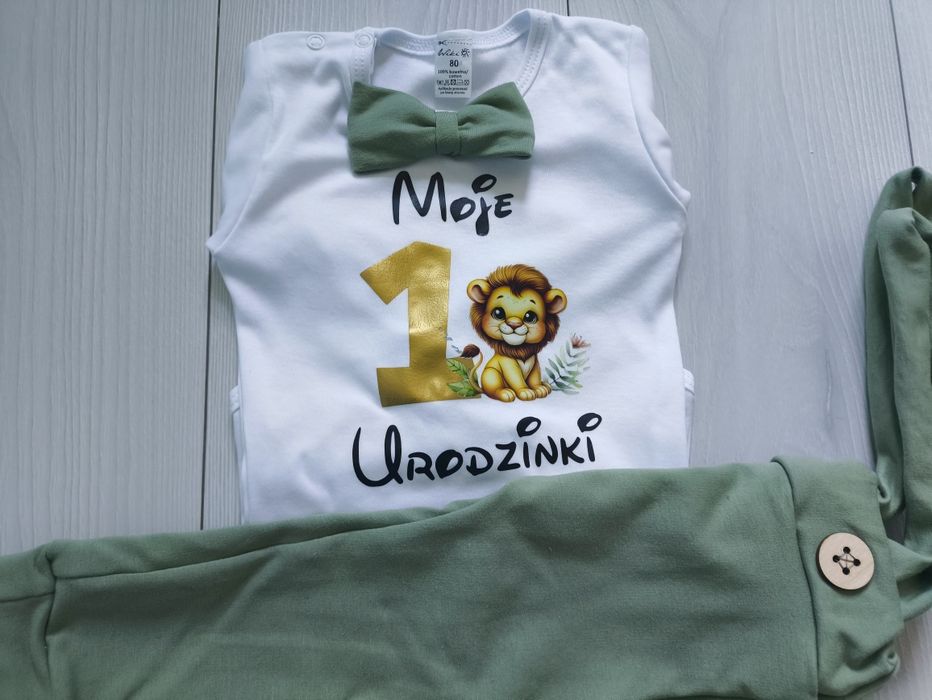 Komplet szara kratka na roczek chłopca safari