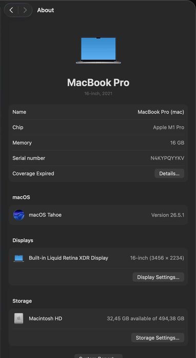 Apple MacBook Pro M1 ,16”, 16GB RAM, 512GB SSD model 2021
