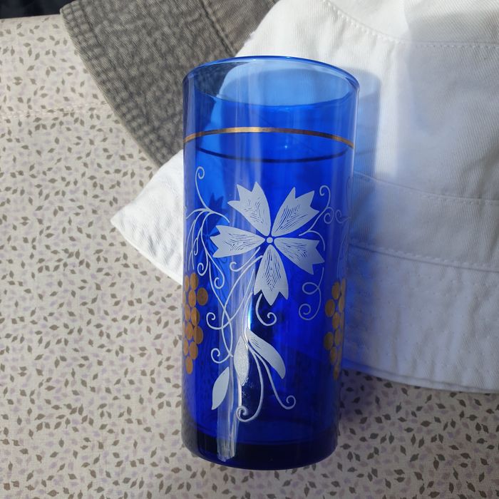 Vintage Blue Juice Glasses with grape and flower design Italy 35