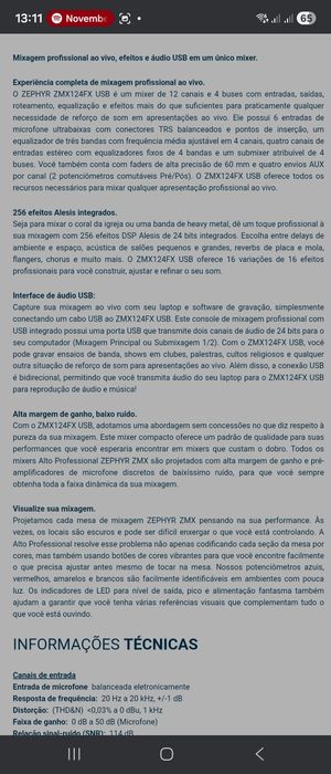 Mesa de som profissional Alto Zmx 124 usb
