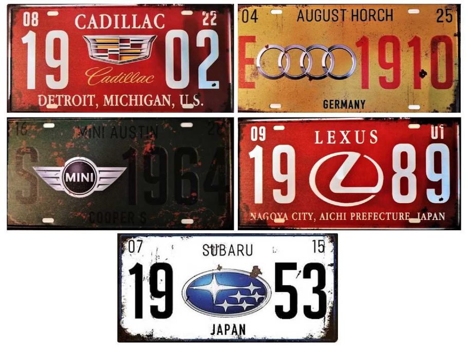 Placas decorativas, de marcas de carros, c/as datas de fabrico