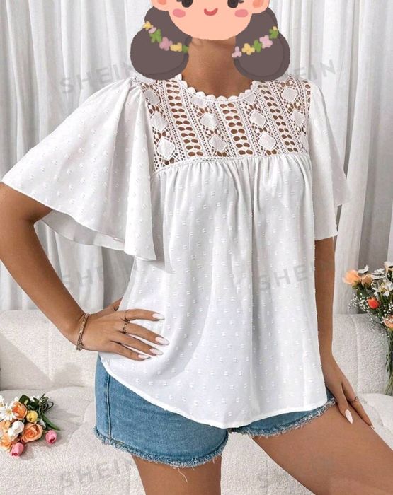 PROMOÇÃO - Blusa Branca de Manga Curta Larga e renda [1XL]