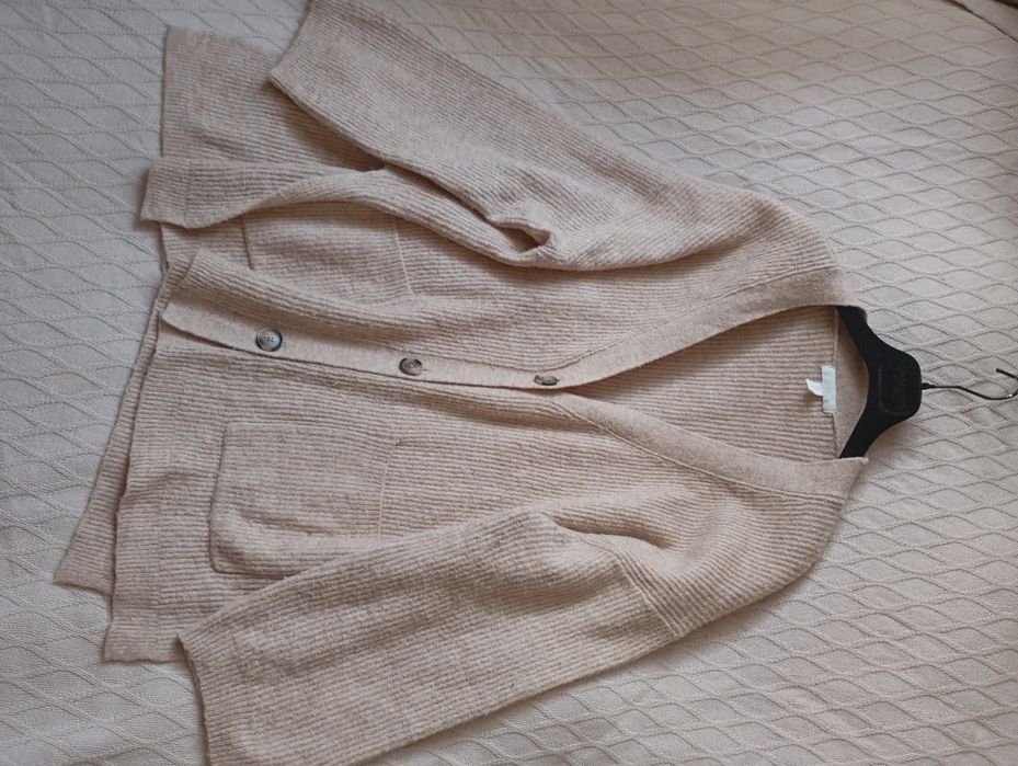 H&M M-XL Luźny prążkowany beżowy kardigan oversize z wełną