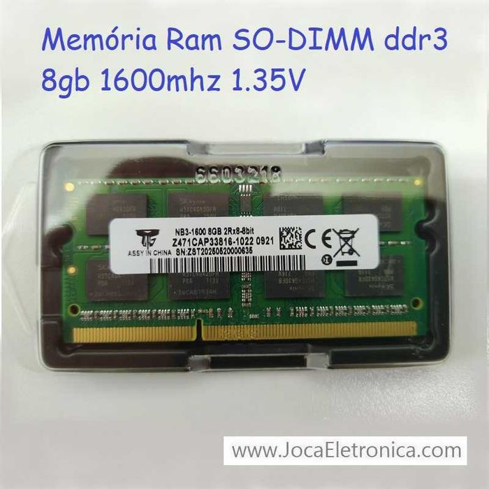 Memória Ram SO-DIMM ddr3 8gb 1600mhz 1.35, 1.5V  NOVA!