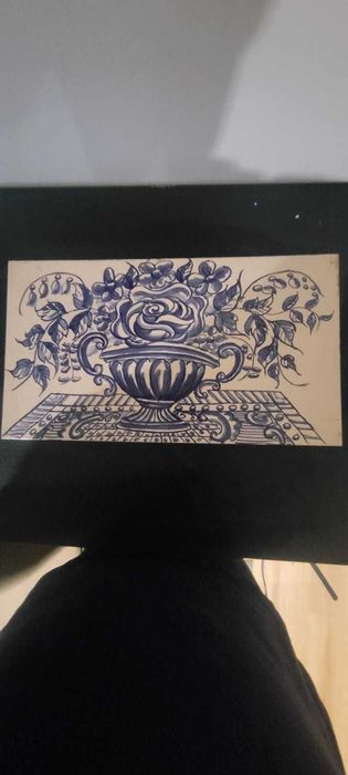 Painel de Azulejo Pintado à Mão - Vaso de Flores (36x20cm)