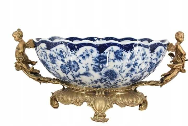 Niebieska Patera Owocnik - Porcelana + Brąz Amory Anioły - Craquele