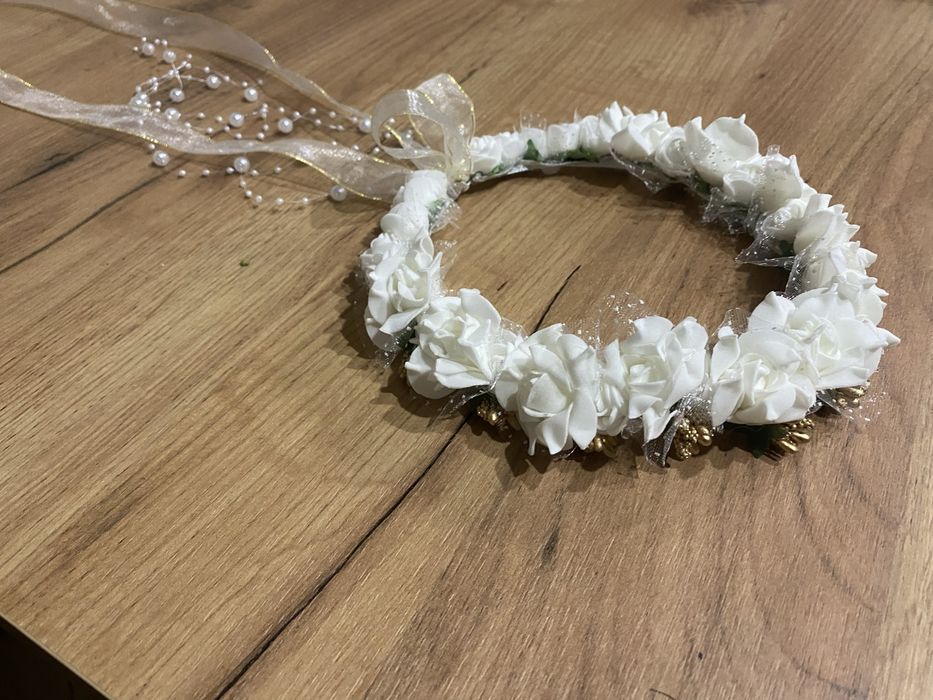 Nowy Wianek wianuszek komunijny biało zloty regulowany handmade