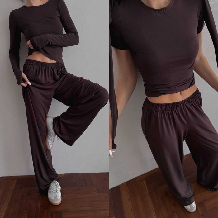 Жіночий костюм 3в1 трійка топ + лонгслів + штани палаццо нат. віскоза