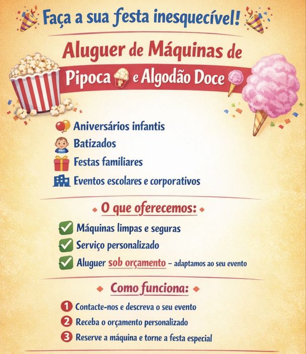 Aluguer de maquina de pipoca ou algodão doce