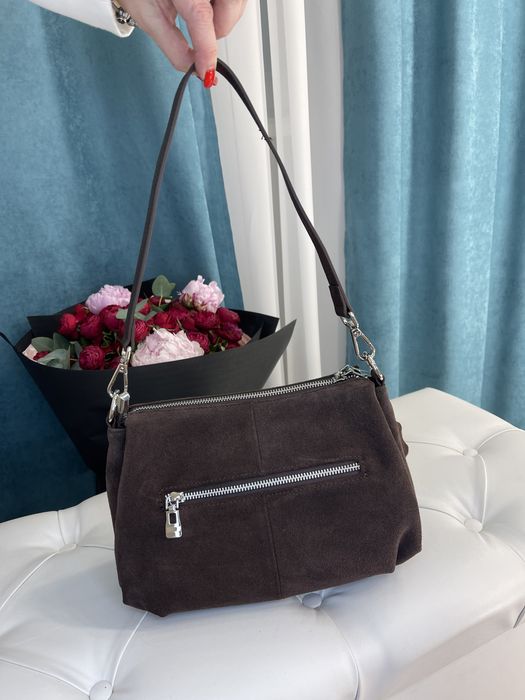 Женская сумка замш через плечо шоколад,черный Жіноча сумка замш