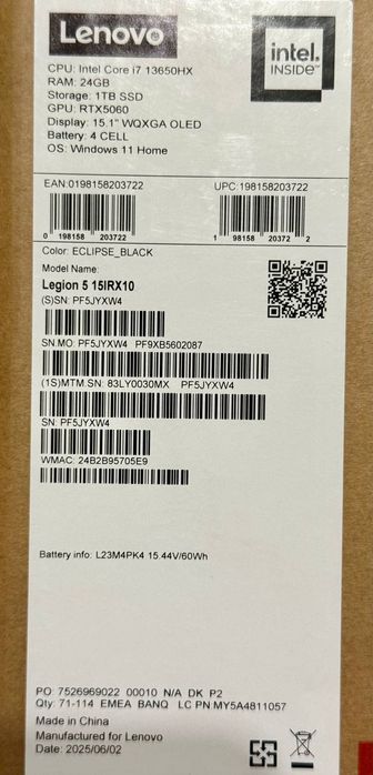 Мощный игровой ноутбук Lenovo-Legion-5 (i7-13650HX/RTX5060-8Gb-115W)