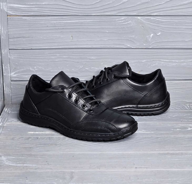 39-45! Кожаные мужские черные прошитые широкие кроссовки туфли Traffic