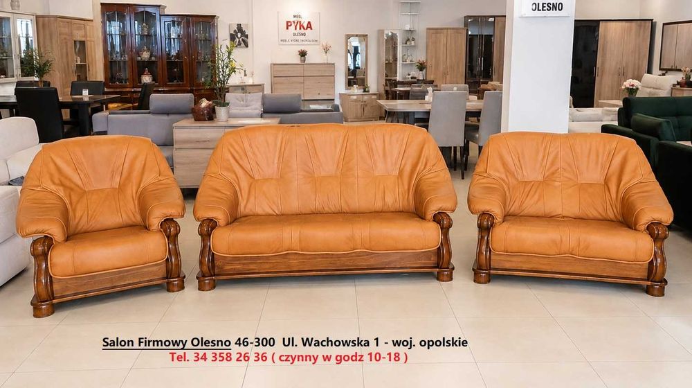 Komplet Stylowy PARYS / 3+2+1 / Skóra Naturalna / Dąb Rustikal stelaż / OUTLET  w Salonie MEBLE PYKA Olesno