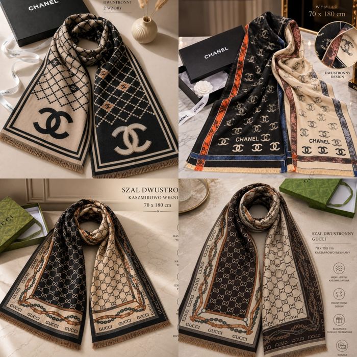 Szal szalik apaszka Kaszmir Chanel Gucci 70x180 cm brąz czaene
