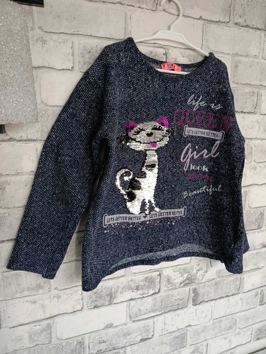 ciepła bluza sweter 152 z kotem kotkiem kotek ruchome cekiny cekinami