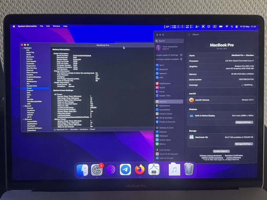 Macbook Pro 15 2017 i7 16 gb 256 Radeon Pro 555 2gb