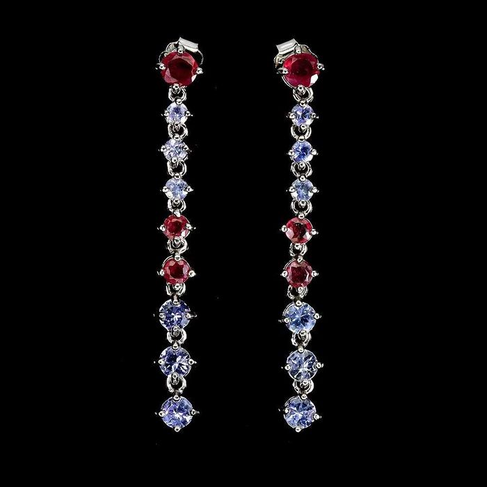 Серьги с фиолетовым танзанитом, рубином, серебро 925 пробы