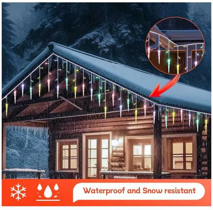 Lampki świąteczne wielokolorowe sople 10m, sterowanie pilotem 8 trybów