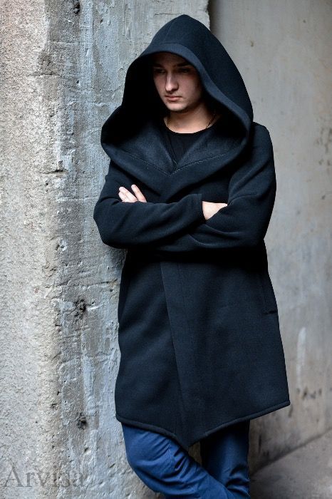 Теплая черная мантия на флисе с капюшоном. Кардиган мужской. Накидка