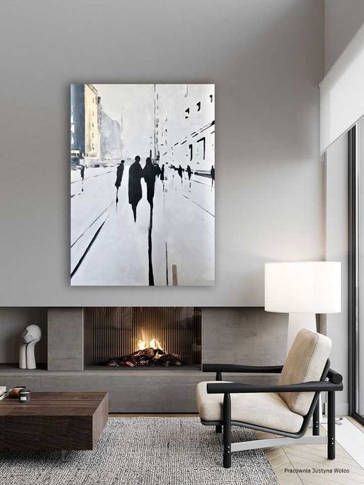 Duży obraz ręcznie malowany 100x140 cm  abstrakcja czarno biały granat