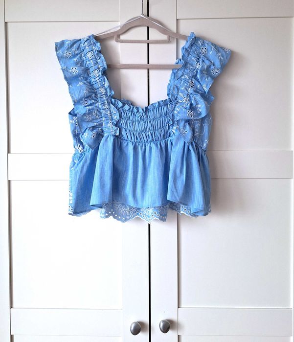 Bluzka Zara z Haftem Angielskim Nowa Niebieska Cotton Bawełna XL