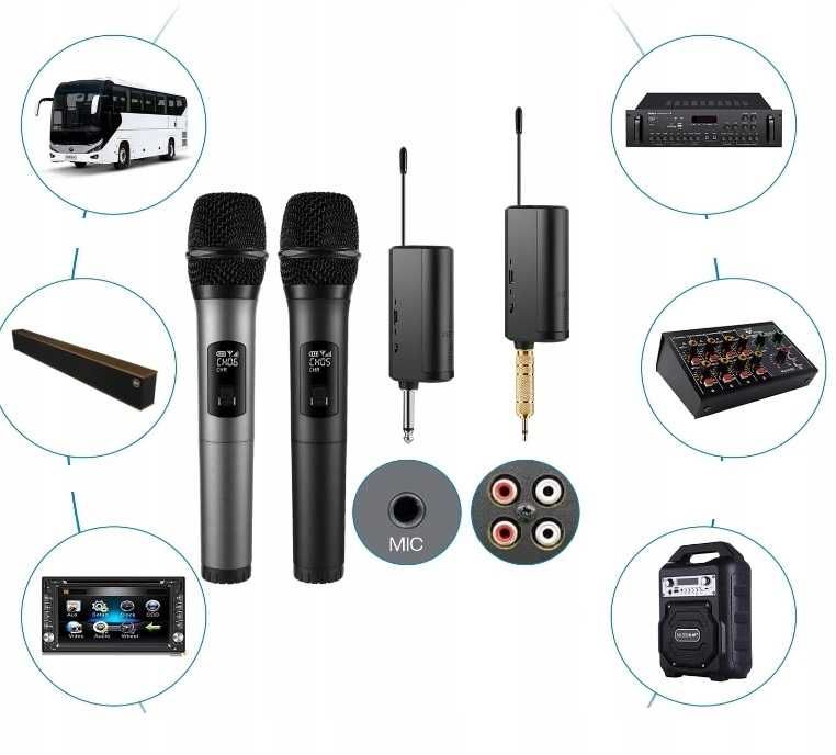 2xMikrofon bezprzewodowy dynamiczny mikrofony karaoke 1/4”, 1/8”