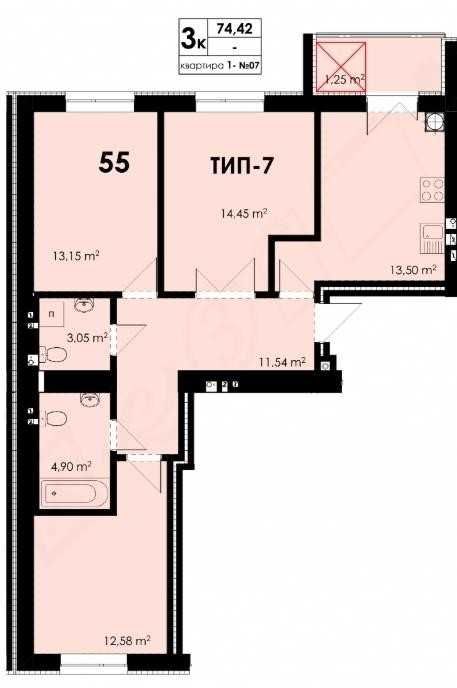 Квартира від забудовника ЖК (Park Residence). 3-кімнатна 74 м.кв