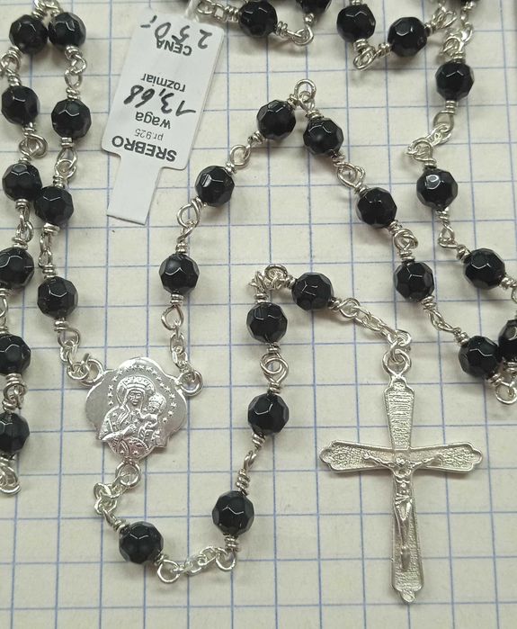 Naszyjnik Różaniec Czarne koraliki Srebro 925 NOWY