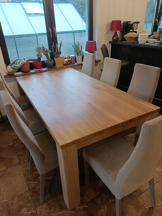 Stół dębowy rozkładany 200–370 cm + 9 krzeseł