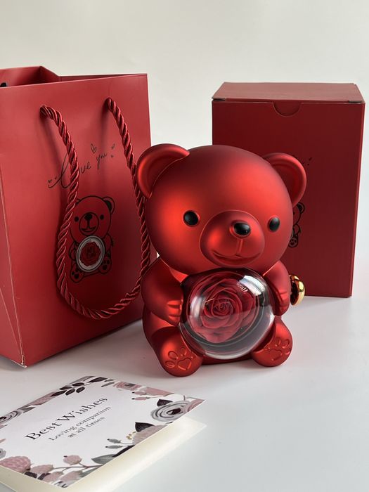 Ведмедик шкатулка з вічною трояндою. Схованка для прикрас. Набір