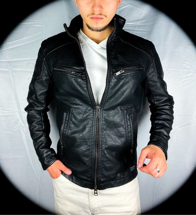 (S) Firetrap Czarna Męska Brutalna Skórzana Kurtka Stylowa na Zamek